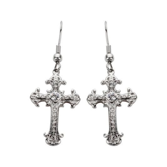 SK1523  Cross Earrings French Wire Silver Tone Imitation Diamonds Stainless Steel Motorcycle Biker Jewelry