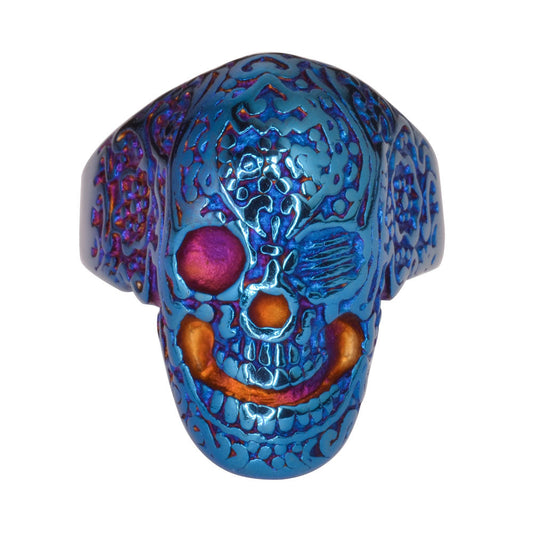 SK1751 Gents Tattoo's Gone Wild Ring Blue Anodized Edition Stainless Steel Motorcycle Biker Jewelry