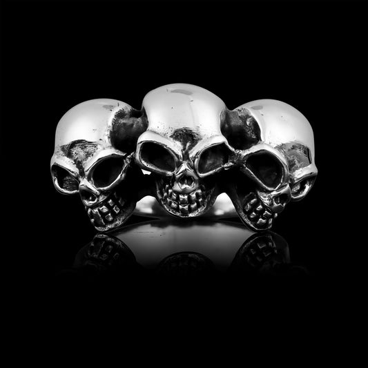 Sterling Silver Triple Black Eyed Skulls Ring