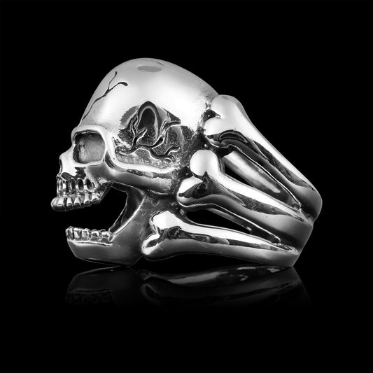 Sterling Silver Screaming Cracked Skull with Bones Ring