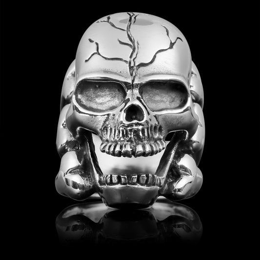 Sterling Silver Screaming Cracked Skull with Bones Ring