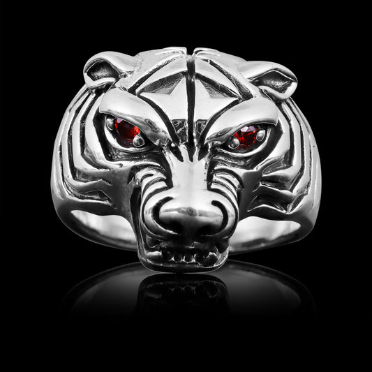 Sterling Silver Red CZ Eyed Tiger Ring
