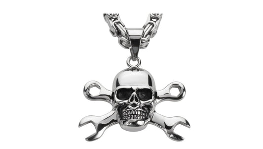 SK1424 Skull 2 1/4" Tall With 24" Fancy Link Chain Stainless Steel Motorcycle Jewelry