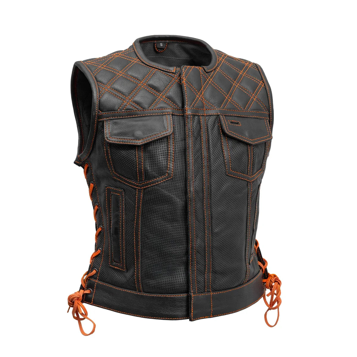 Bonnie Perforated Women's Motorcycle Leather Vest Orange and Grey