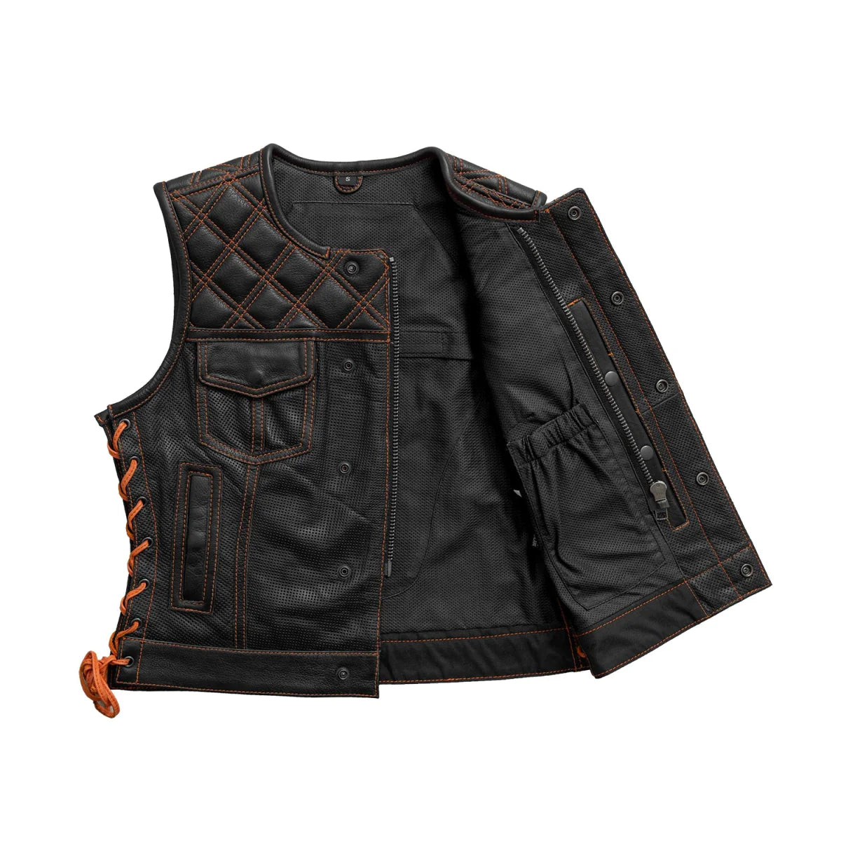Bonnie Perforated Women's Motorcycle Leather Vest Orange and Grey