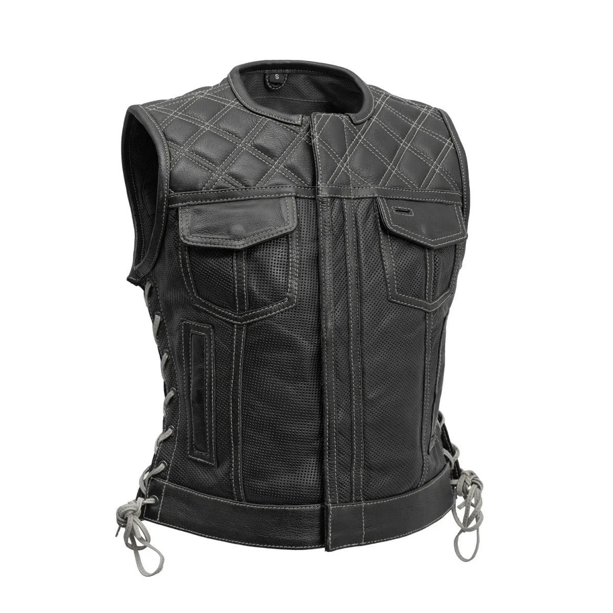 Bonnie Perforated Women's Motorcycle Leather Vest Orange and Grey