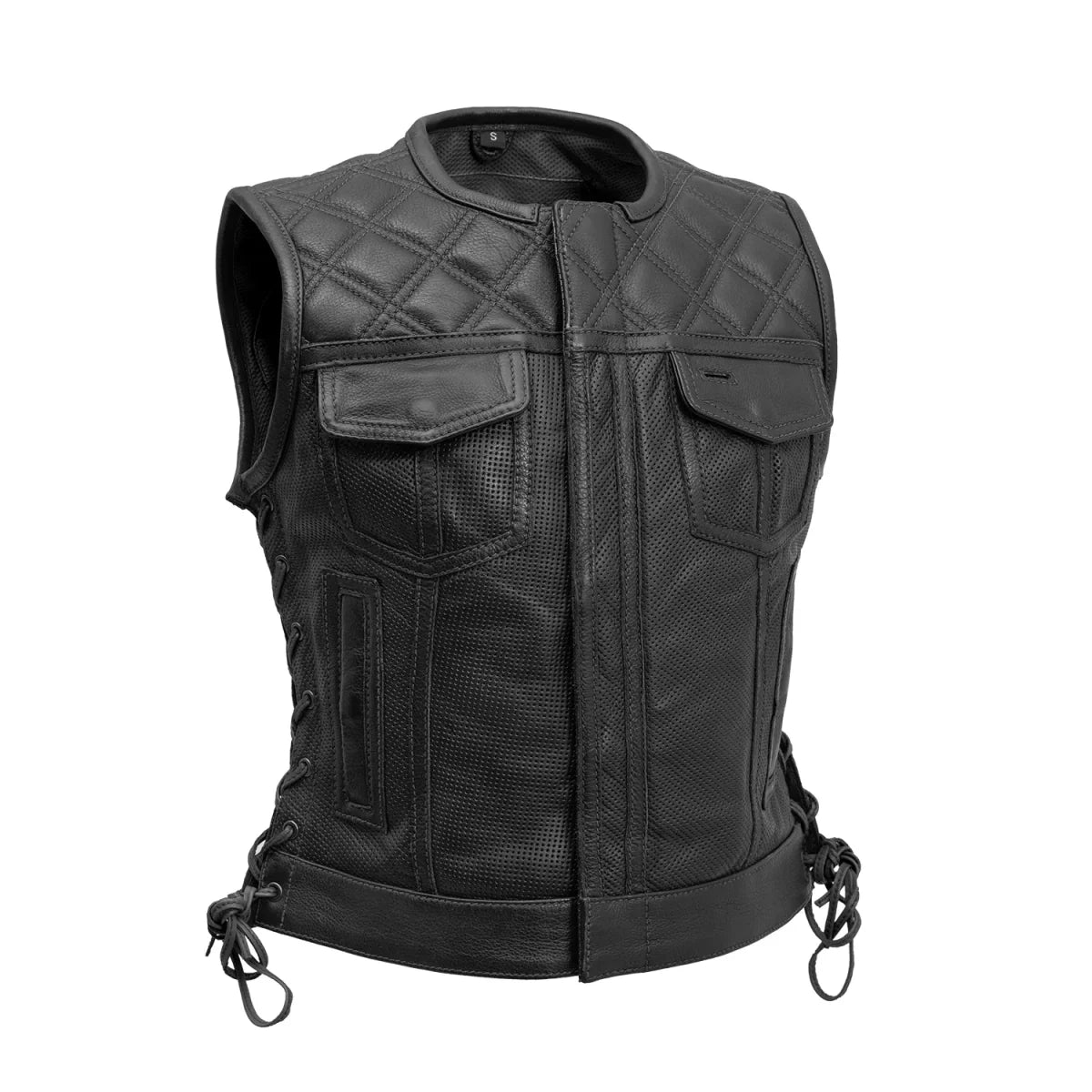 Bonnie Perforated Women's Motorcycle Leather Vest Orange and Grey