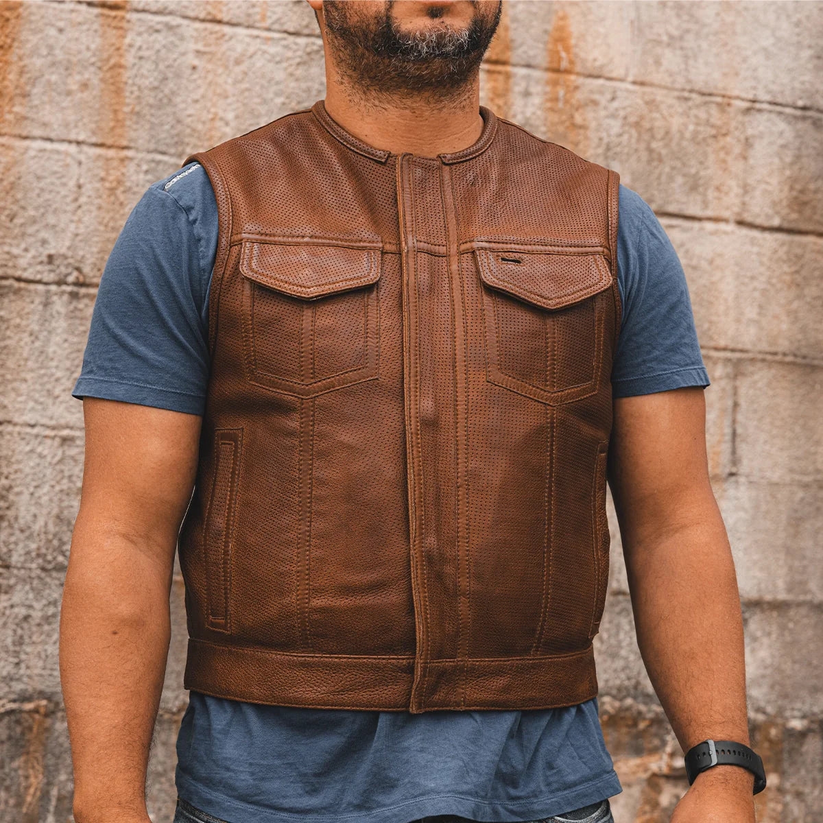 Lowside Men's Perforated Motorcycle Leather Vest Cognac