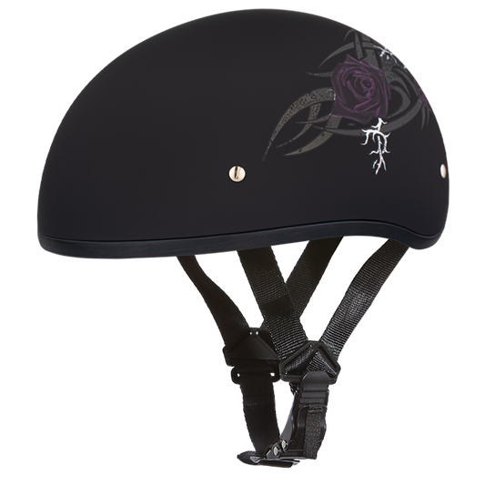 DOT Approved Daytona Motorcycle Half Face Helmet - Skull Cap Graphics for Men & Women, Scooters, ATVs, UTVs & Choppers - W/ Purple Rose