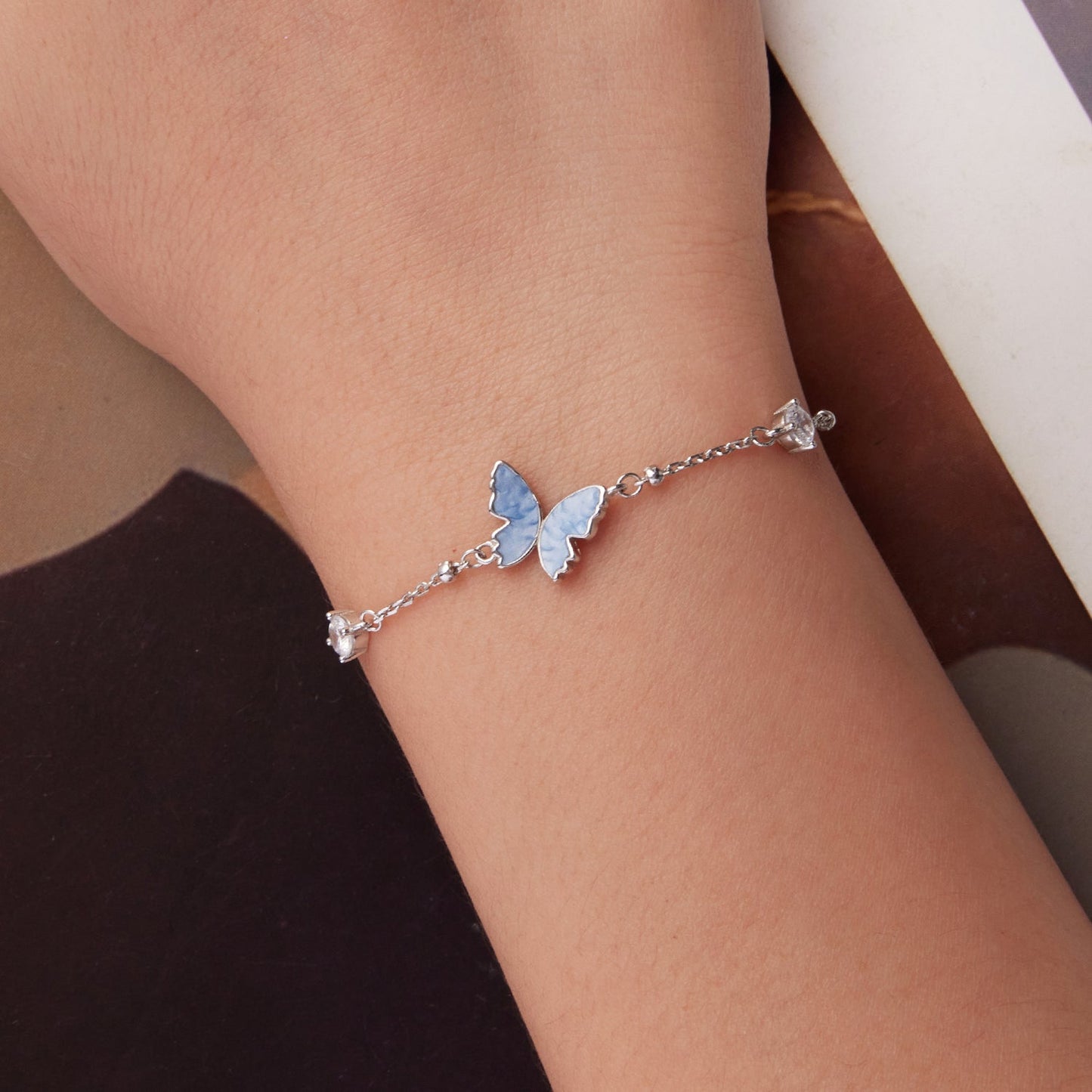 925 Sterling Silver White Gold Plated Bracelet with Enamel and CZ - 15+6cm Length