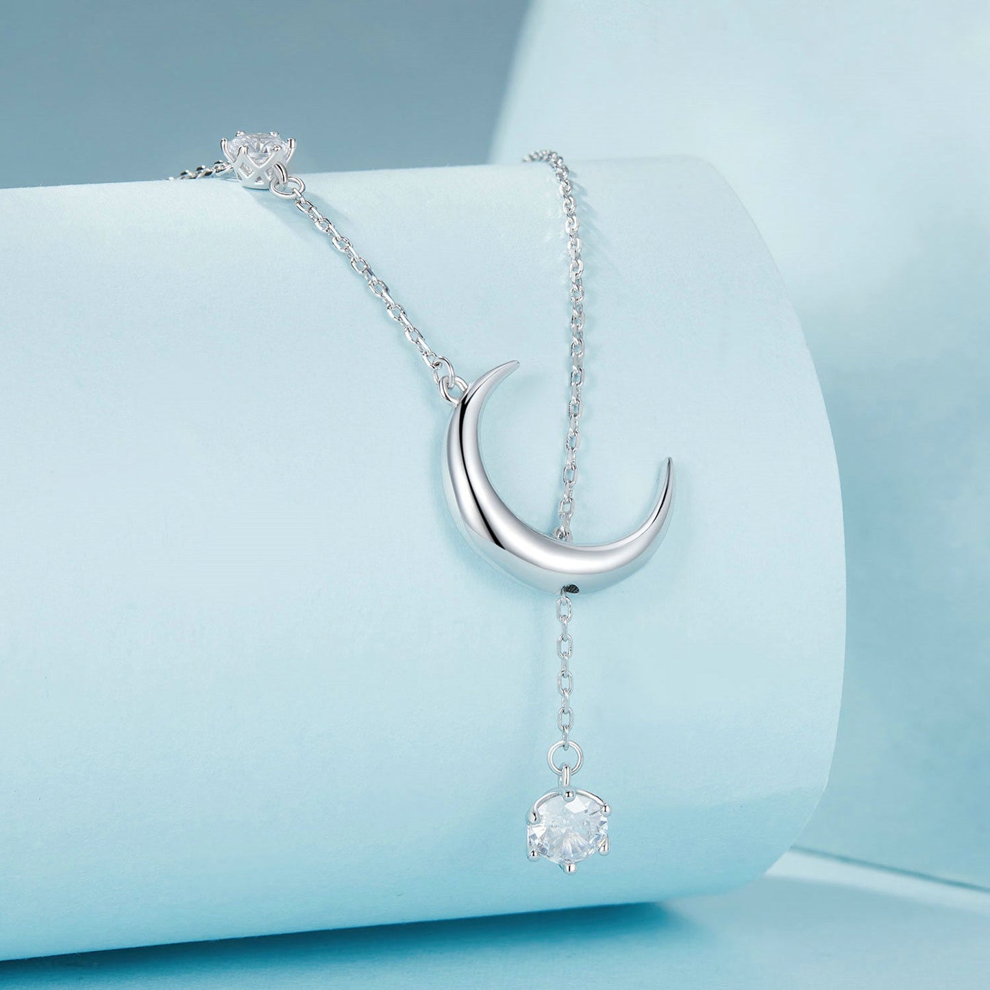 925 Sterling Silver Pavé Setting CZ Moon Necklace for Women