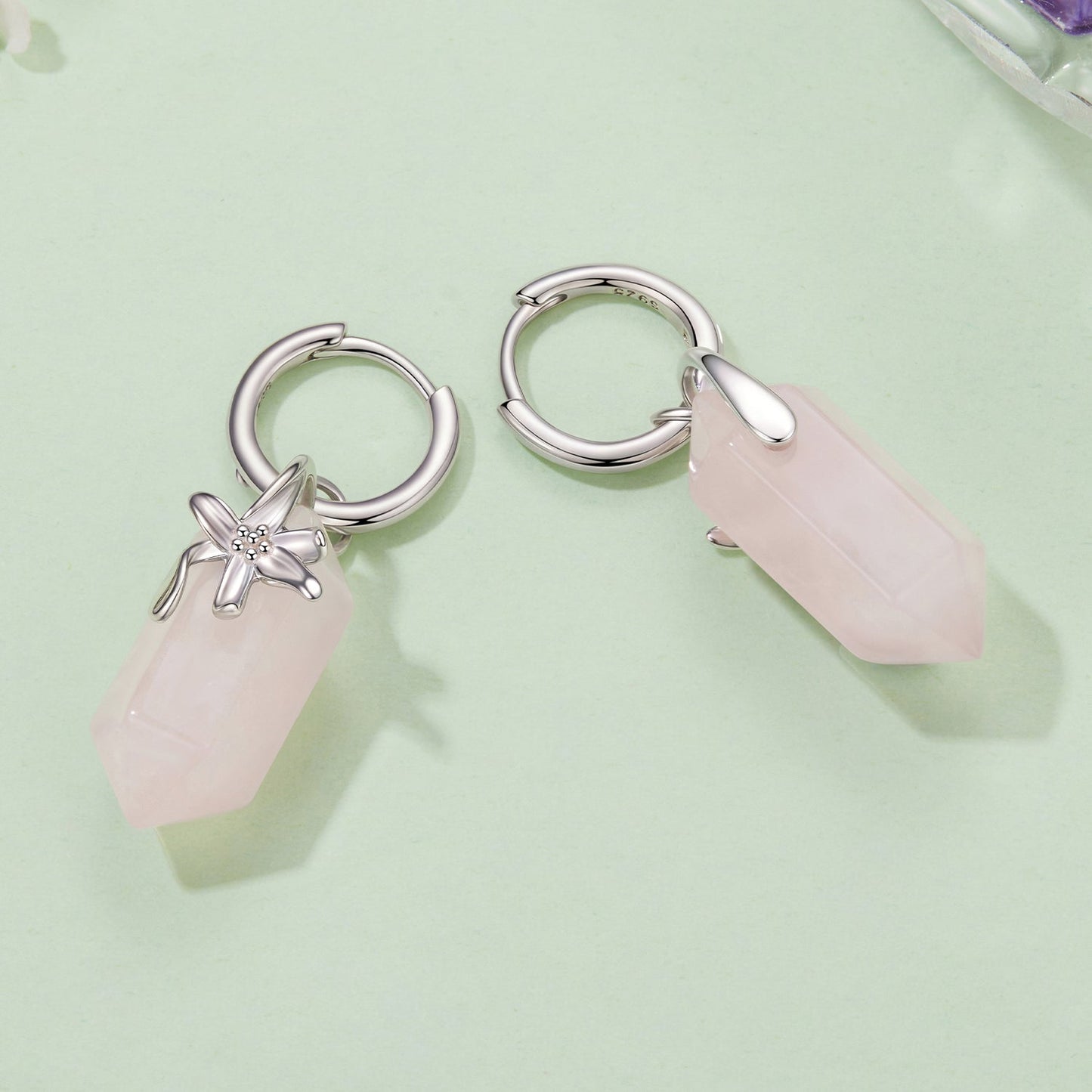 925 Sterling Silver Earrings with Natural Crystal and White Gold Plating