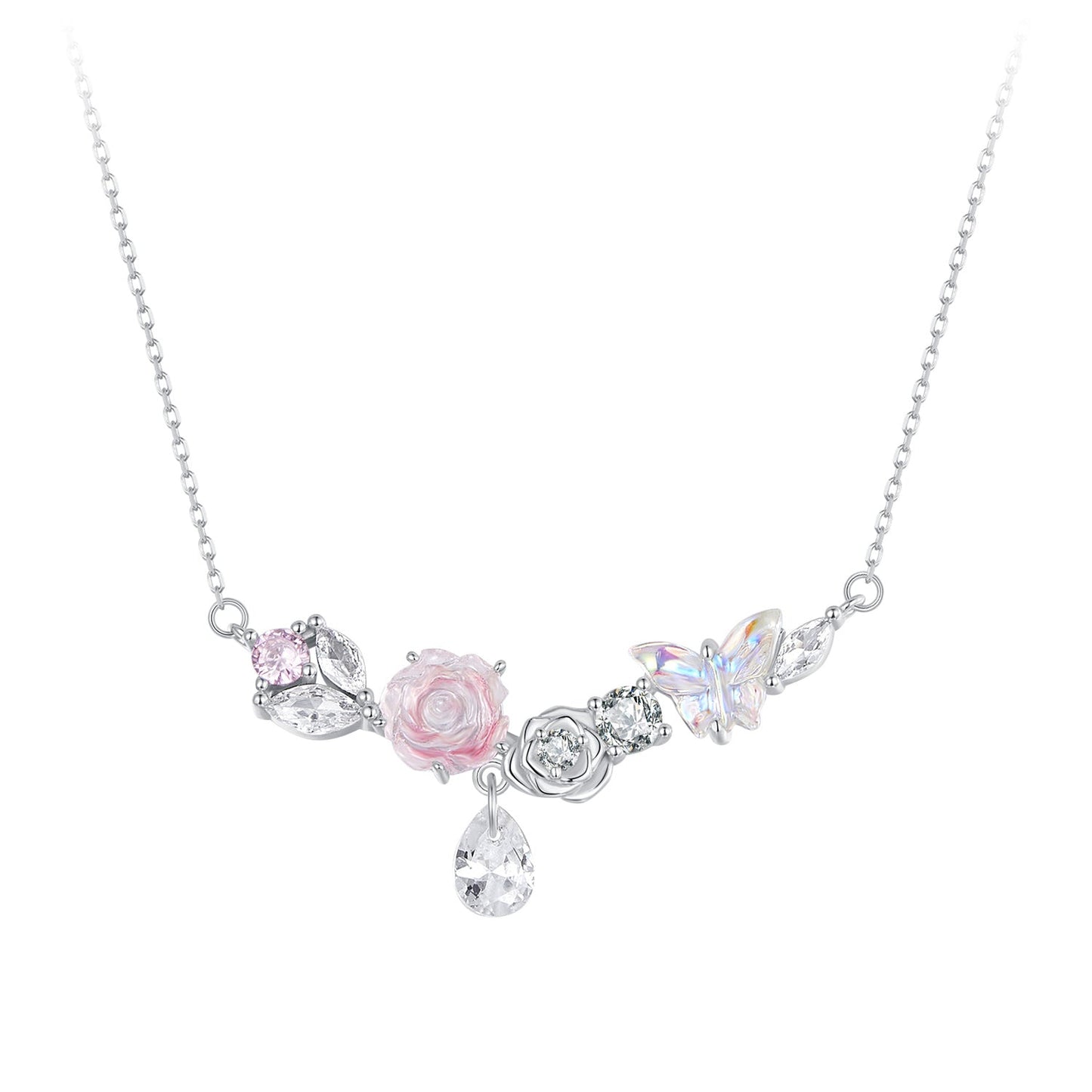 925 Sterling Silver Necklace with CZ & Resin Pendant, 18x39mm, Plated with White Gold