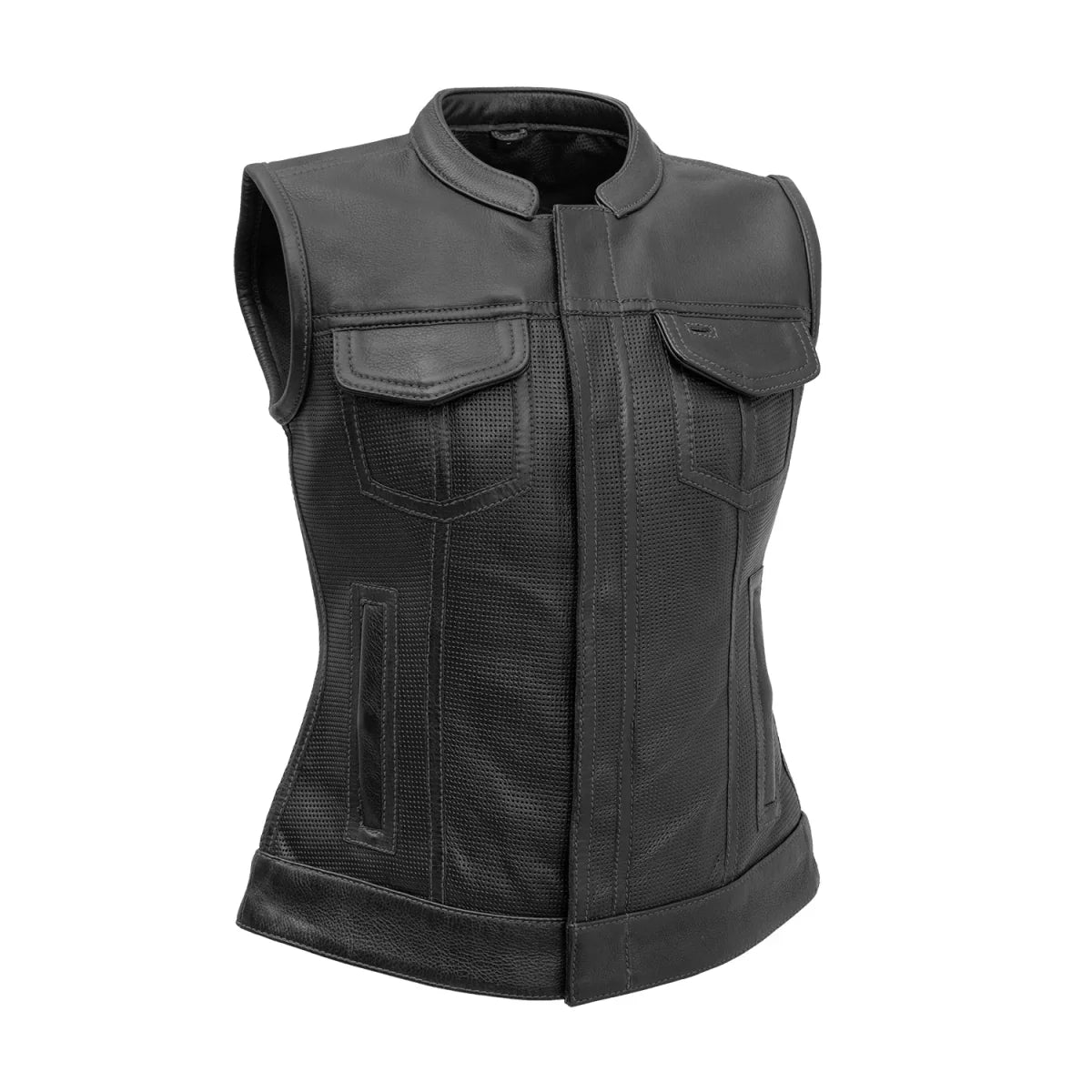 Jessica Perforated Women's Motorcycle Leather Vest Red and Grey