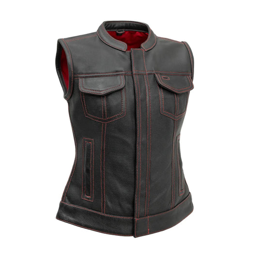 Jessica Perforated Women's Motorcycle Leather Vest Red and Grey