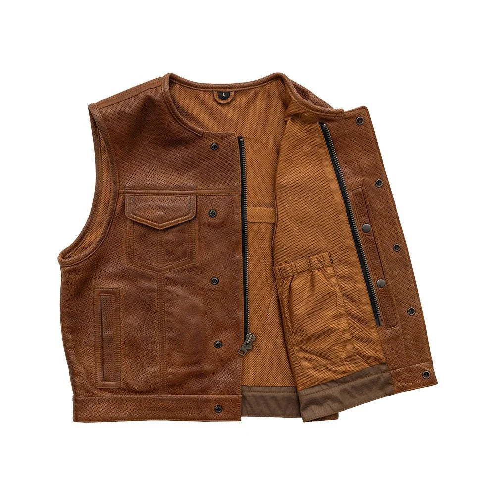 Lowside Men's Perforated Motorcycle Leather Vest Cognac