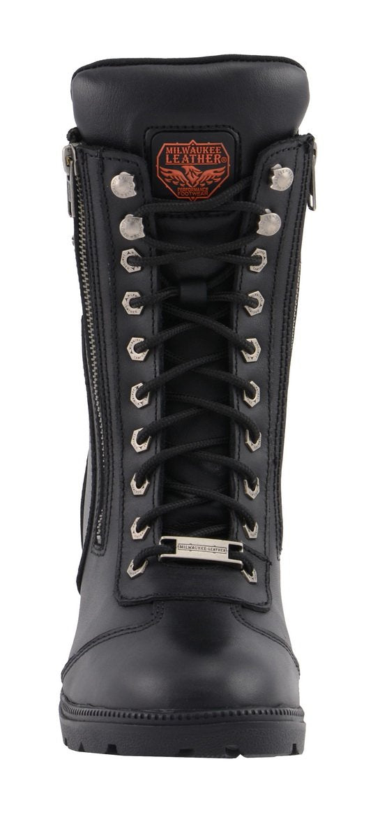Milwaukee Leather MBL9301 Women's Black Leather Lace-Up Motorcycle Biker Riding Boots with Side Zipper Entry