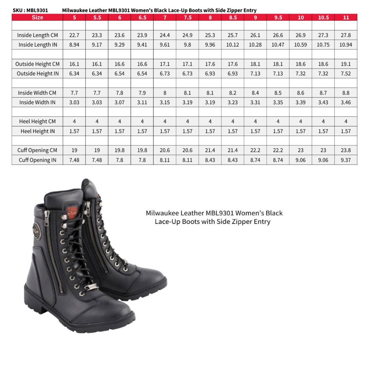 Milwaukee Leather MBL9301 Women's Black Leather Lace-Up Motorcycle Biker Riding Boots with Side Zipper Entry