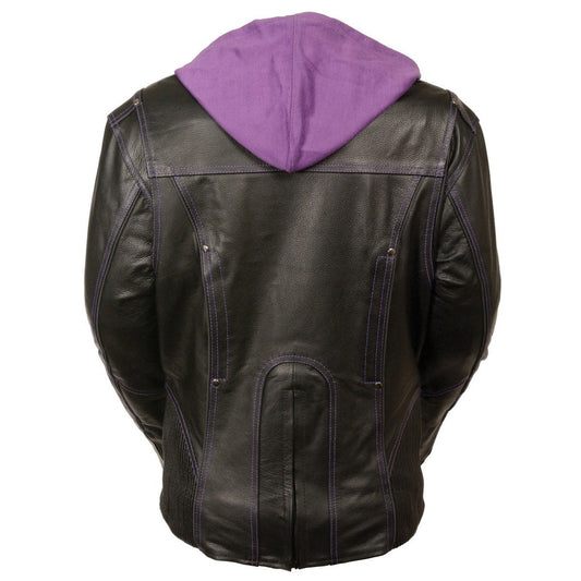 Milwaukee Leather ML2067 Women's 3/4 Black and Purple Leather Hoodie Jacket with Reflective Tribal Design
