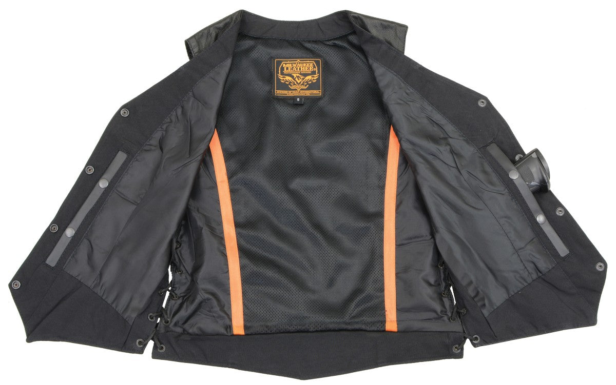 Milwaukee Leather MLL4546 Women's Black Premium Leather Lightweight V-Neck Motorcycle Rider Vest w/ Side Laces