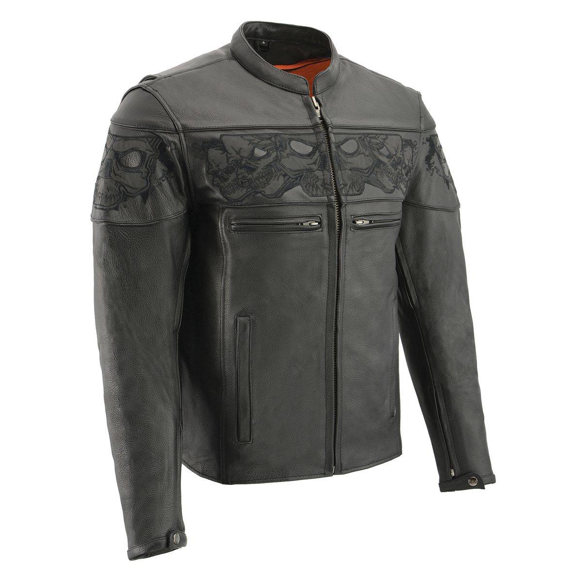 Milwaukee Leather MLM1501 Men's Reflective Skulls Premium Black Leather Motorcycle Jacket w/ Cool-Tec Treatement