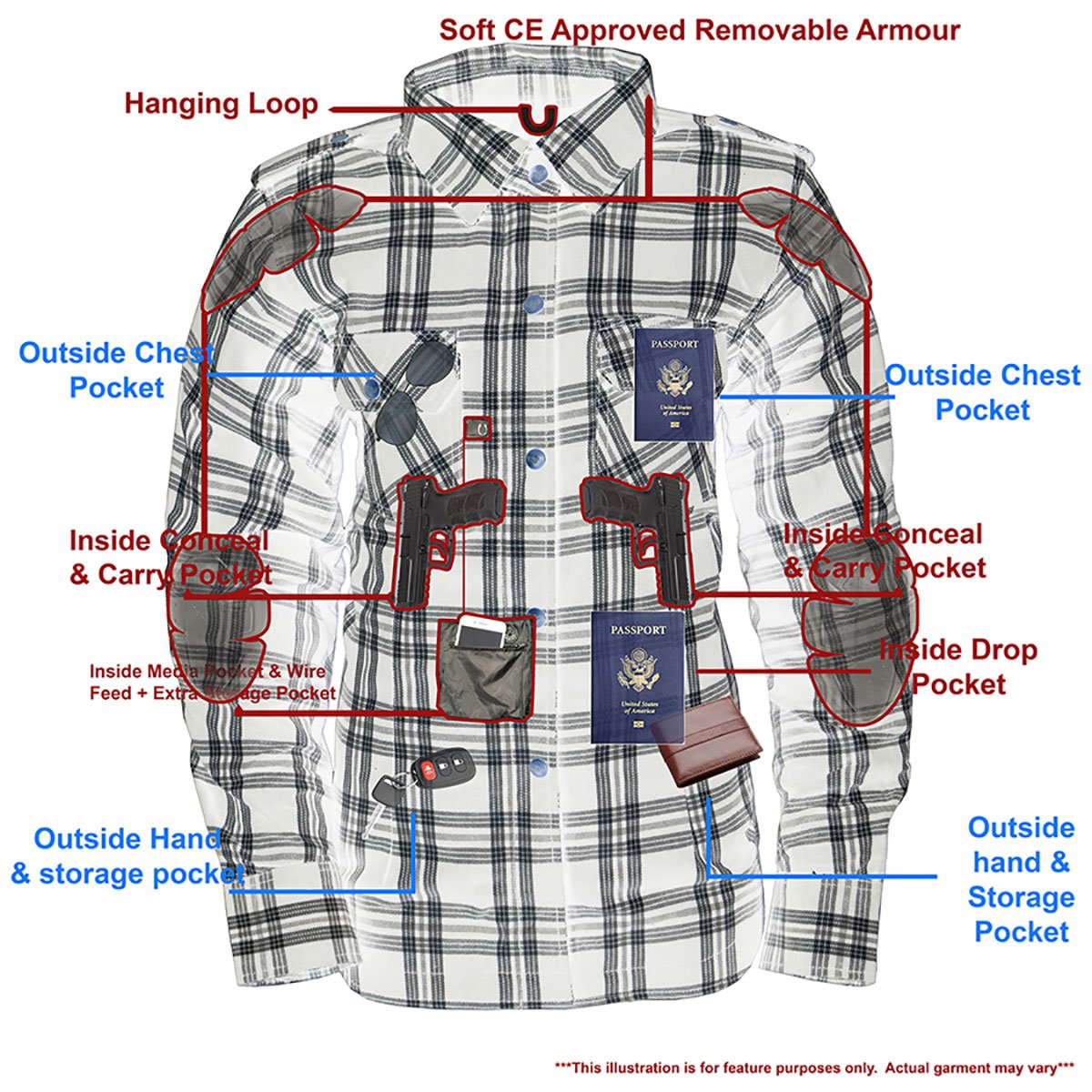 Milwaukee Leather MPL2600 Women’s Plaid Flannel Biker Shirt w/ CE Approved Armor - Reinforced w/ Aramid Fiber