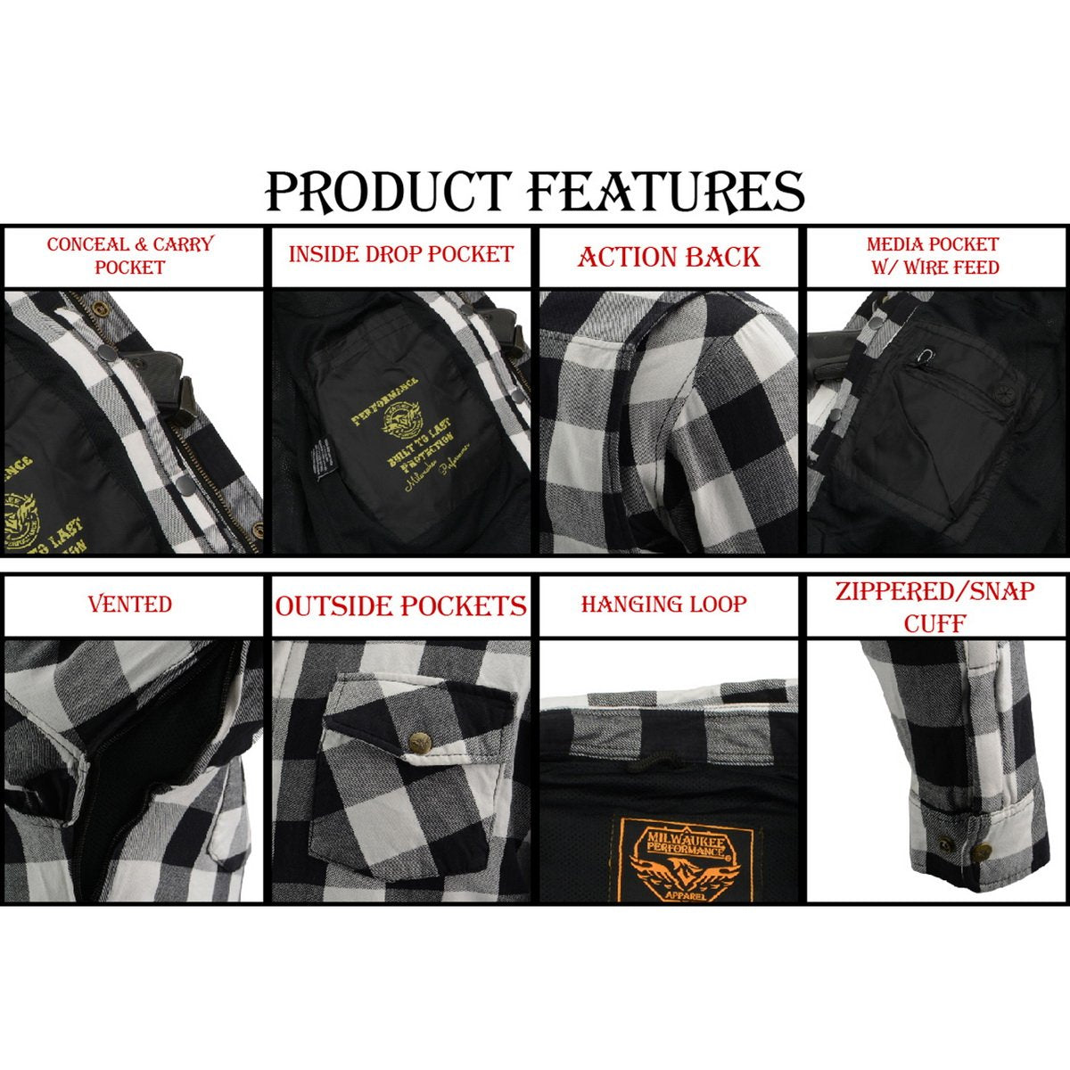 Milwaukee Leather Men's Plaid Flannel Biker Shirt - CE Approved Armor, White & Black