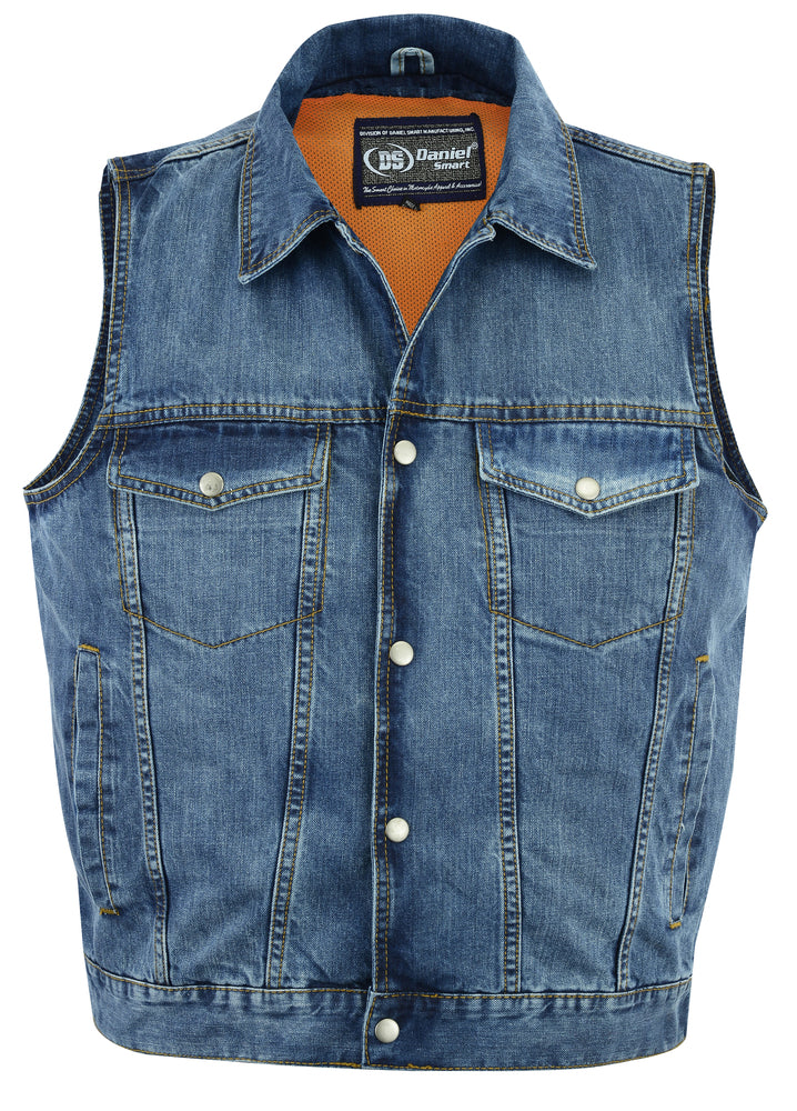 Snap/Zipper Front Denim Vest- Blue