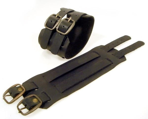 PV3209BLK Black Buckle Leather Cuff Bracelet with Belt Buckle Adj