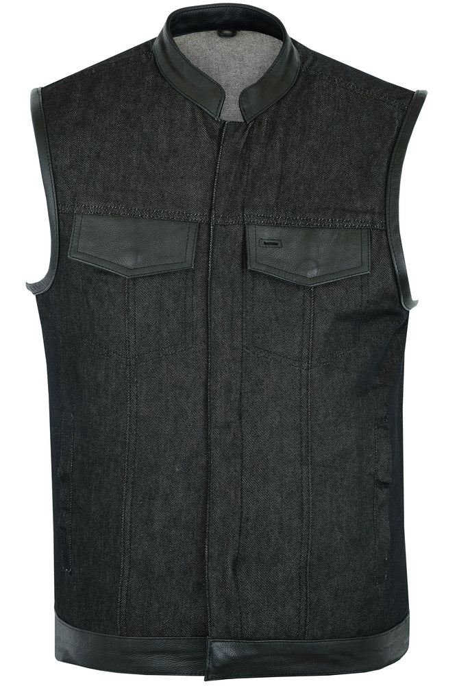 Men's Rough Rub-Off Raw Finish Denim Vest W/Leather Trim