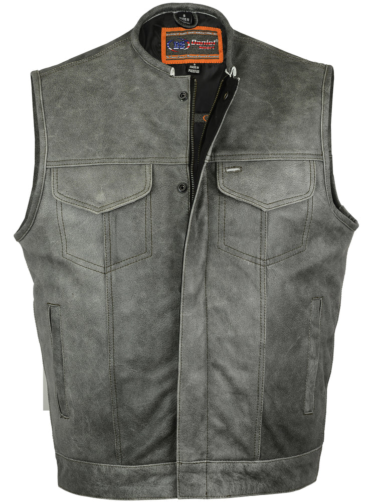 Hidden Zipper Gray Distressed Collarless Concealed Carry Vest