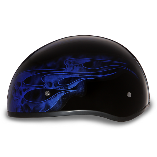 DOT Approved Daytona Motorcycle Half Face Helmet - Skull Cap Graphics for Men & Women, Scooters, ATVs, UTVs & Choppers - W/ Skull Flames Blue