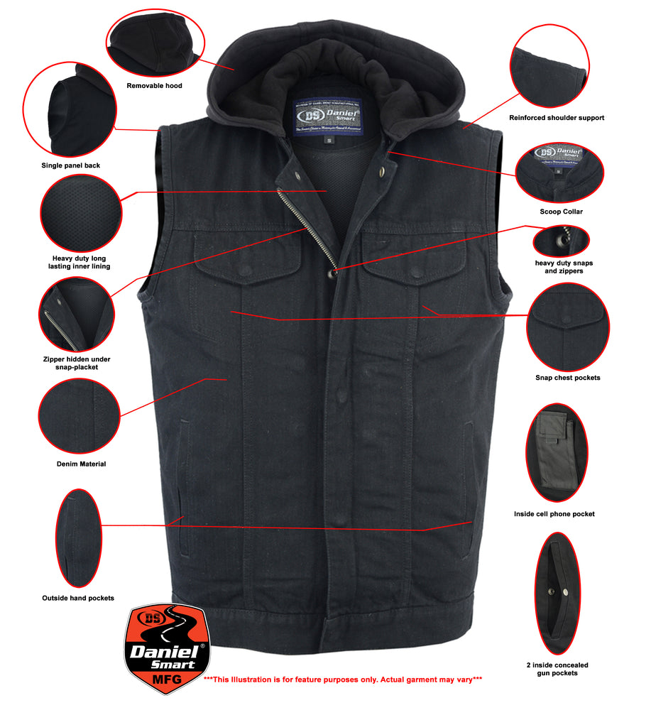 Men's Black Denim Concealment Vest w/Removable Hood