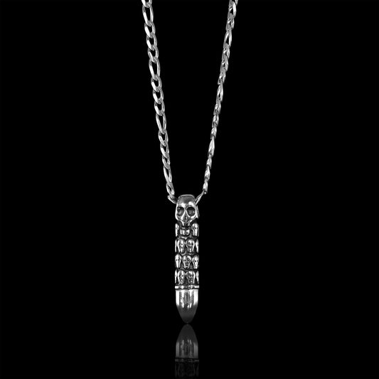 Stainless Steel Skull Covered Bullet Figaro Chain Necklace
