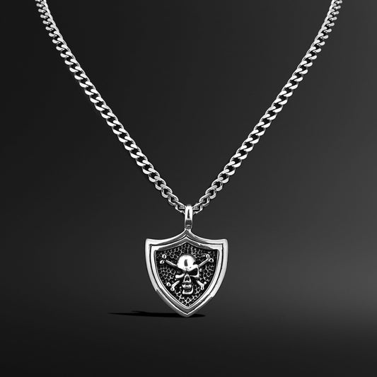Stainless Steel Skull And Crossbones Shield Curb Chain Necklace