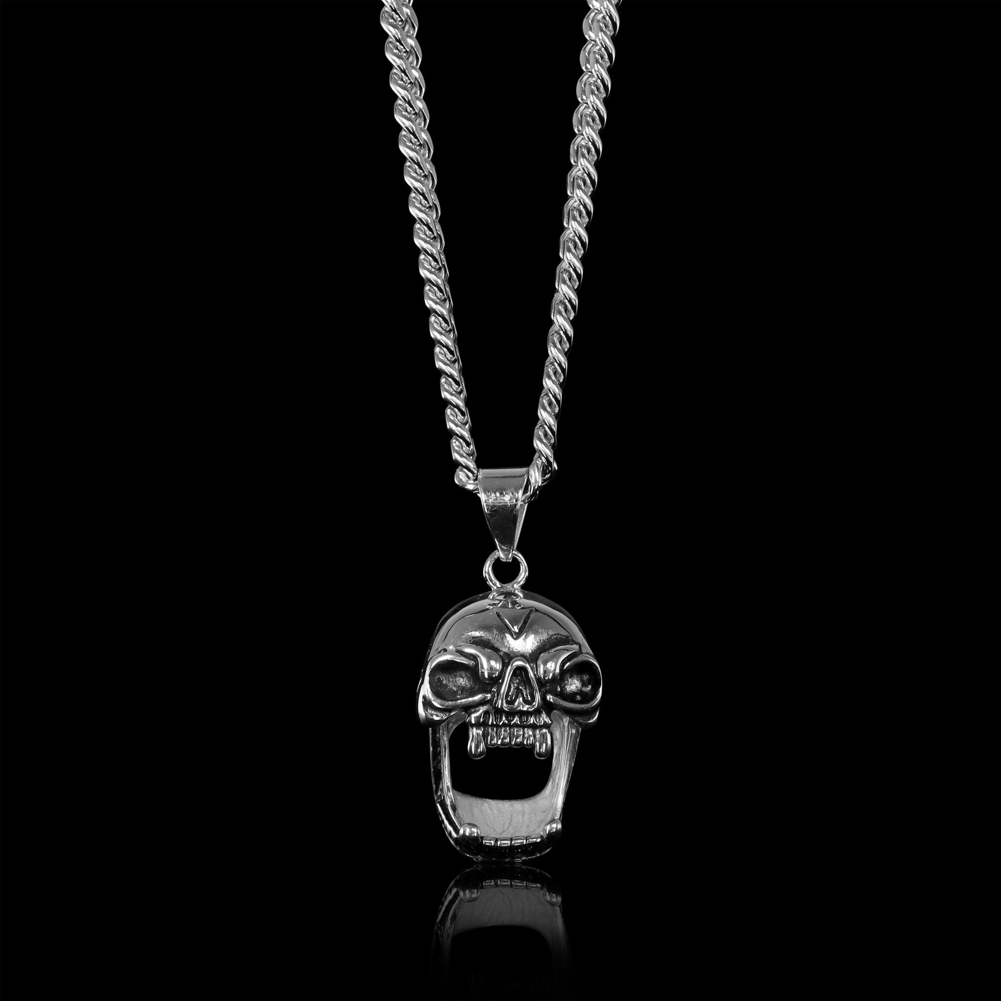 Stainless Steel Screaming Fanged Skull Curb Chain Necklace – Valiant Biker