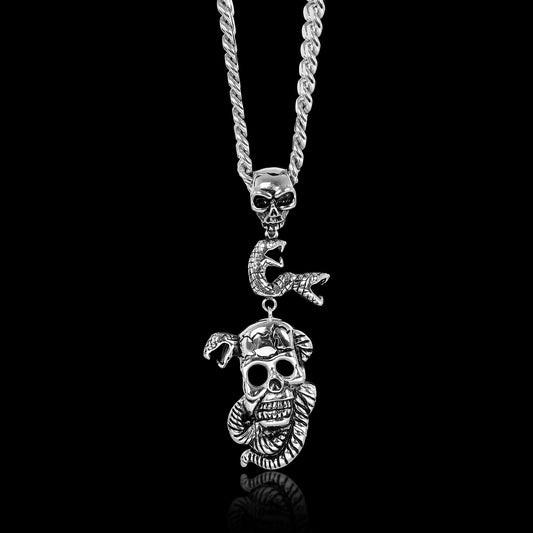 Stainless Steel Large Skulls And Snakes Curb Chain Necklace