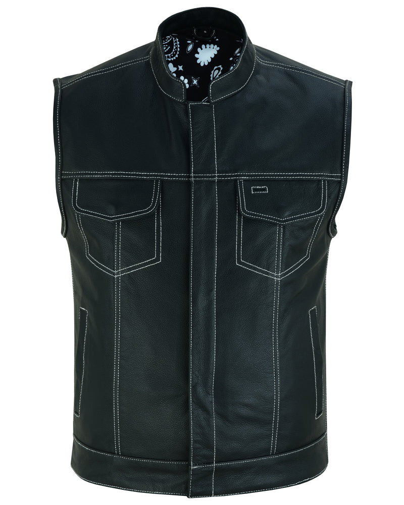 DS164 Men's Paisley Black Leather Motorcycle Vest with White Stitching