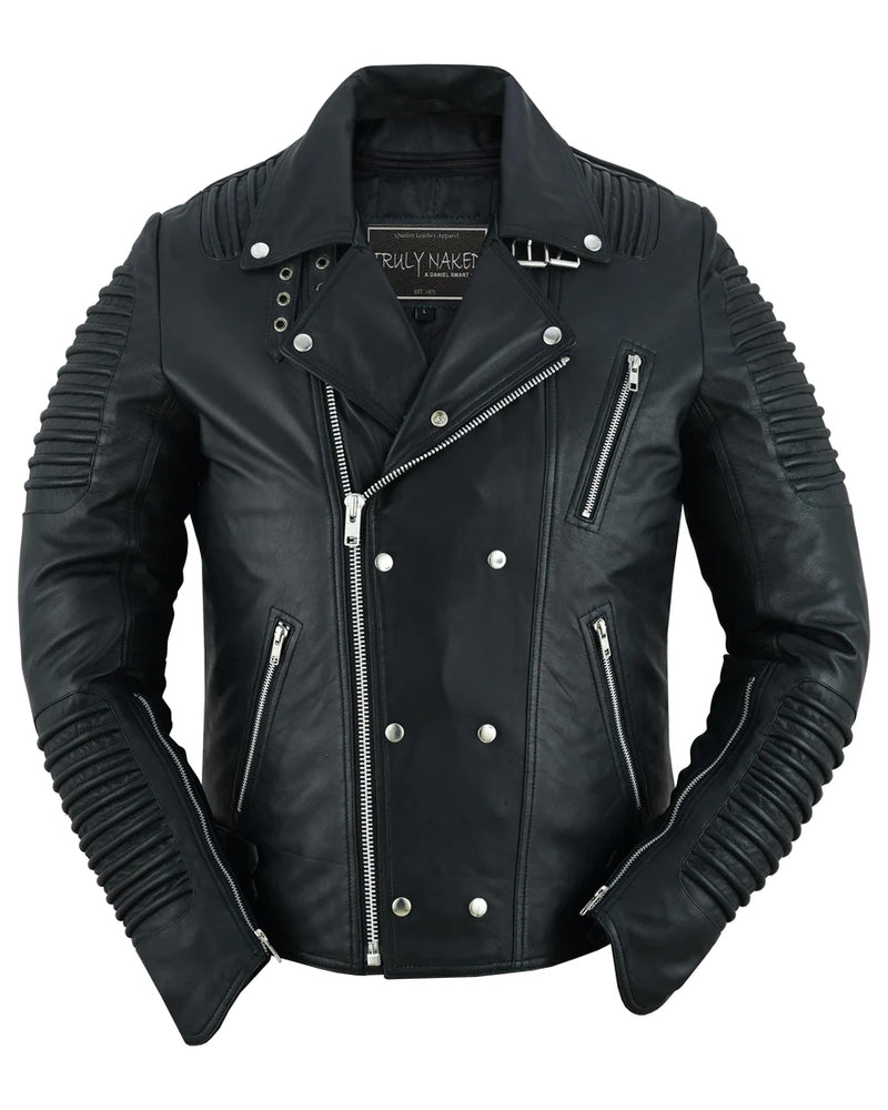 Black Ace Men's Black Fashion Leather Jacket with Ribbed Accents