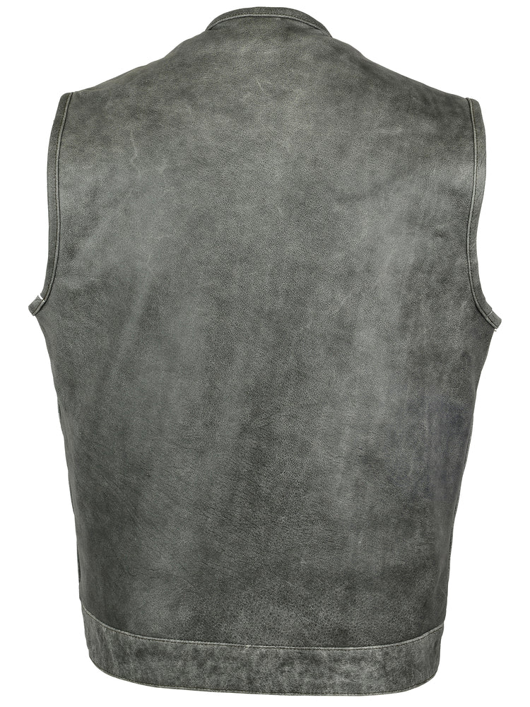 Hidden Zipper Gray Distressed Collarless Concealed Carry Vest