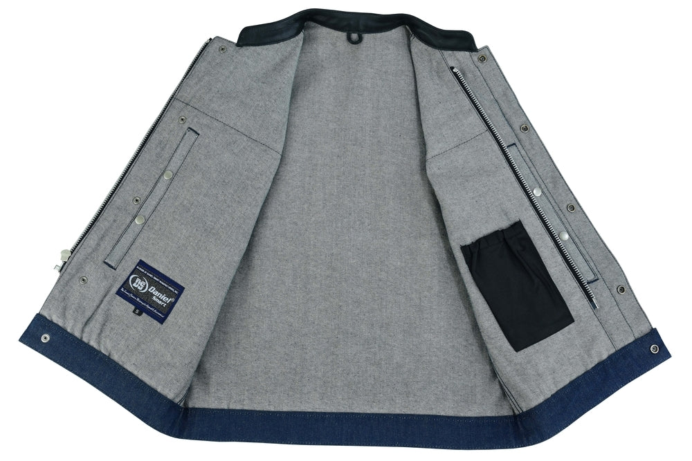 Men's Blue Concealed Carry Denim Vest W/Leather
