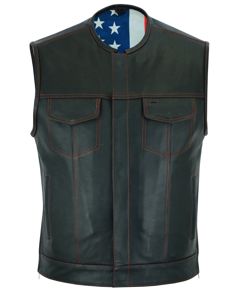 DS155 Men's Leather Vest with Red Stitching and USA Inside Flag Lining