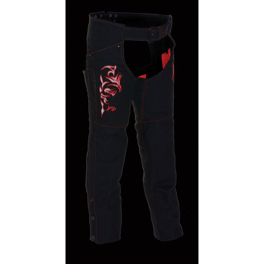 Milwaukee Leather SH1182 Women's Black with Red Textile Motorcycle Riding Chaps with Tribal Embroidery