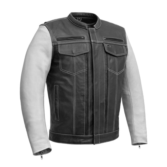 Vincent Men's Cafe Style Leather Jacket Black and White