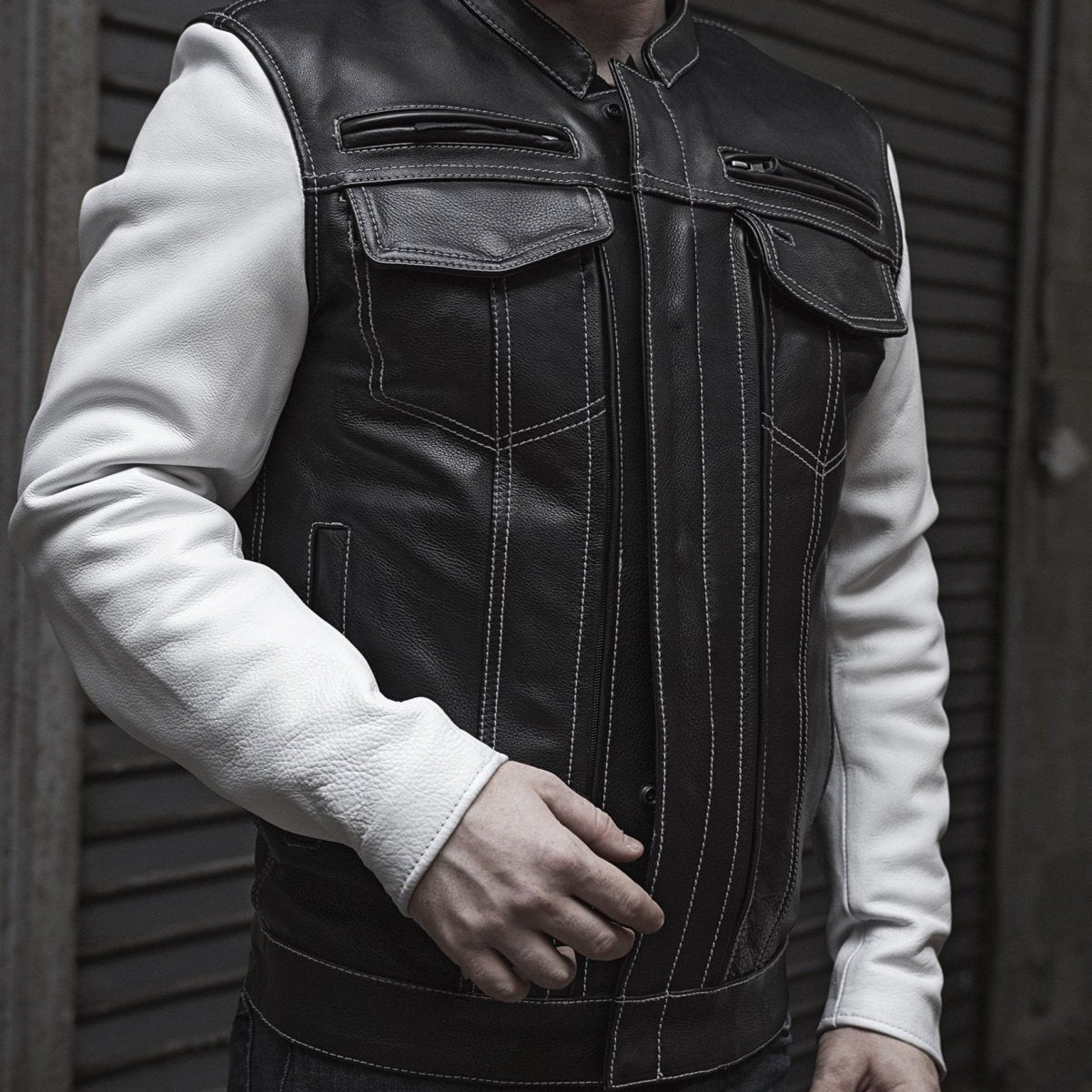Vincent Men's Cafe Style Leather Jacket Black and White