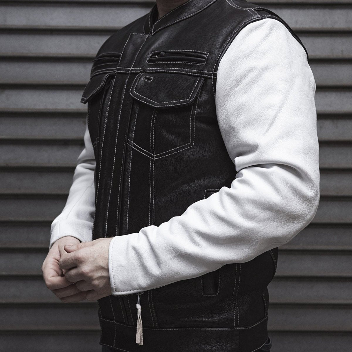 Vincent Men's Cafe Style Leather Jacket Black and White