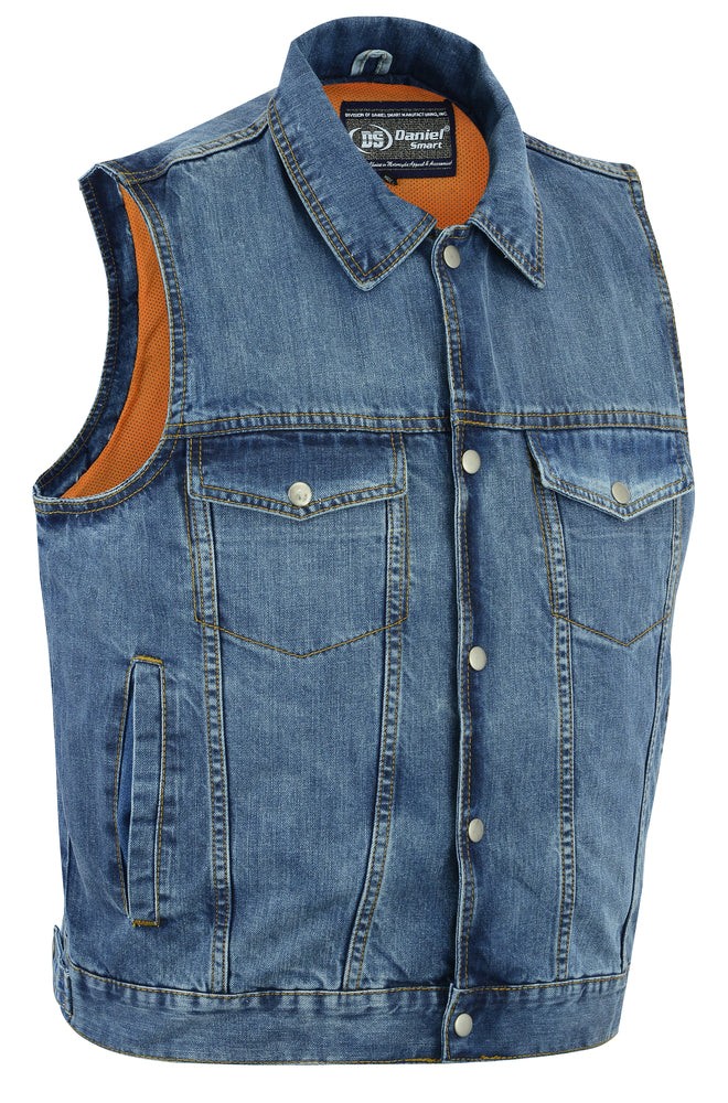 Snap/Zipper Front Denim Vest- Blue