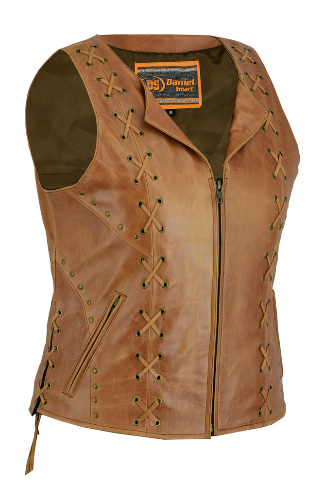 Women's Brown Zippered Vest with Lacing Details