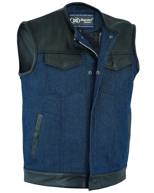 Men's Leather/Denim Combo Vest (Black/Broken Blue)