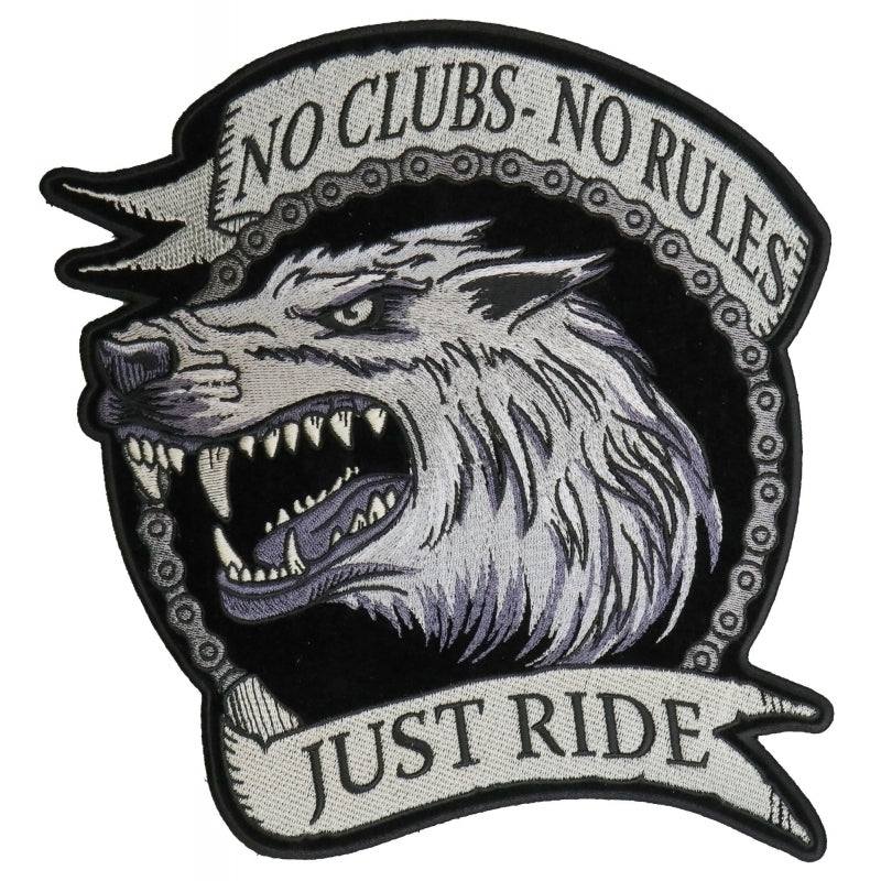 No Clubs No Rules Just Ride Wolf Embroidered Iron on Biker Bac